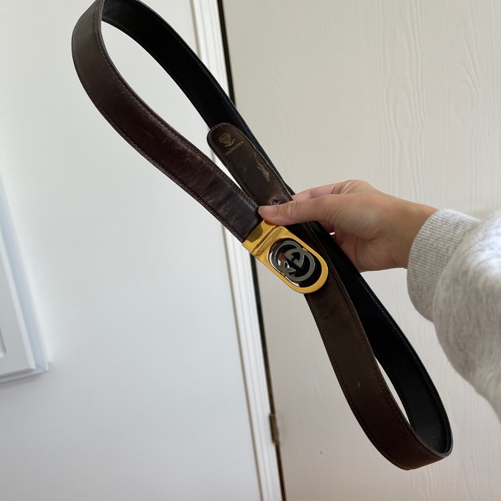 vintage gucci brown leather belt gold